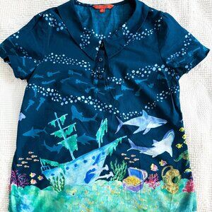 Modcloth Shirt Small - Blue Print Collared Top - Aquatic Shipwreck Shark - S